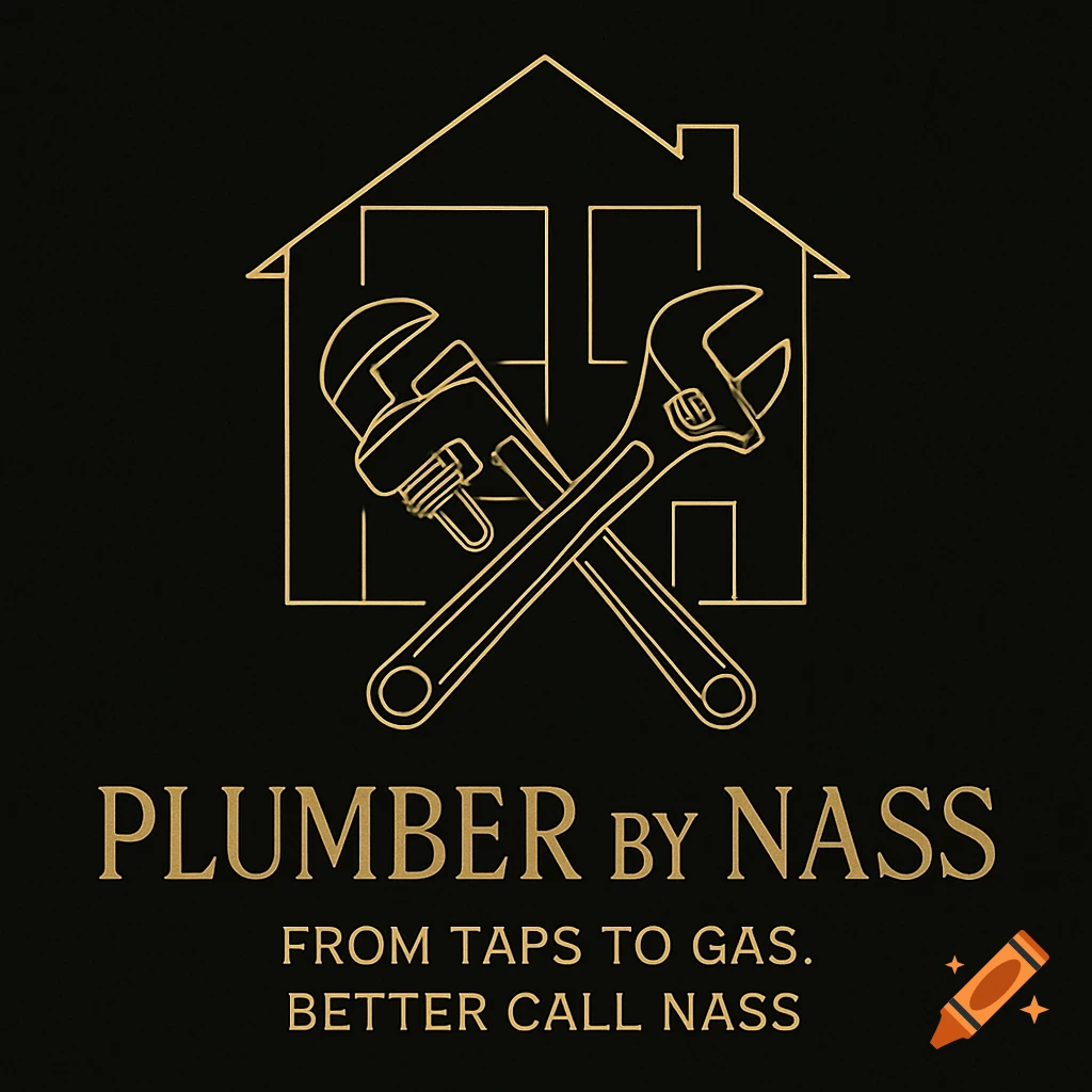 Gold outline logo on a black background featuring a house with crossed pipe and shifter wrenches, text 'PLUMBER BY NASS' below.