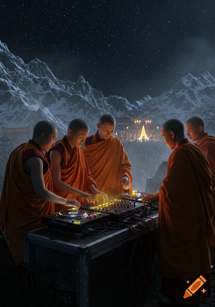 Realistic Buddhist monks operate a glowing DJ setup on a snowy Himalayan mountain at night under a starry sky, with a festive crowd in the distance.