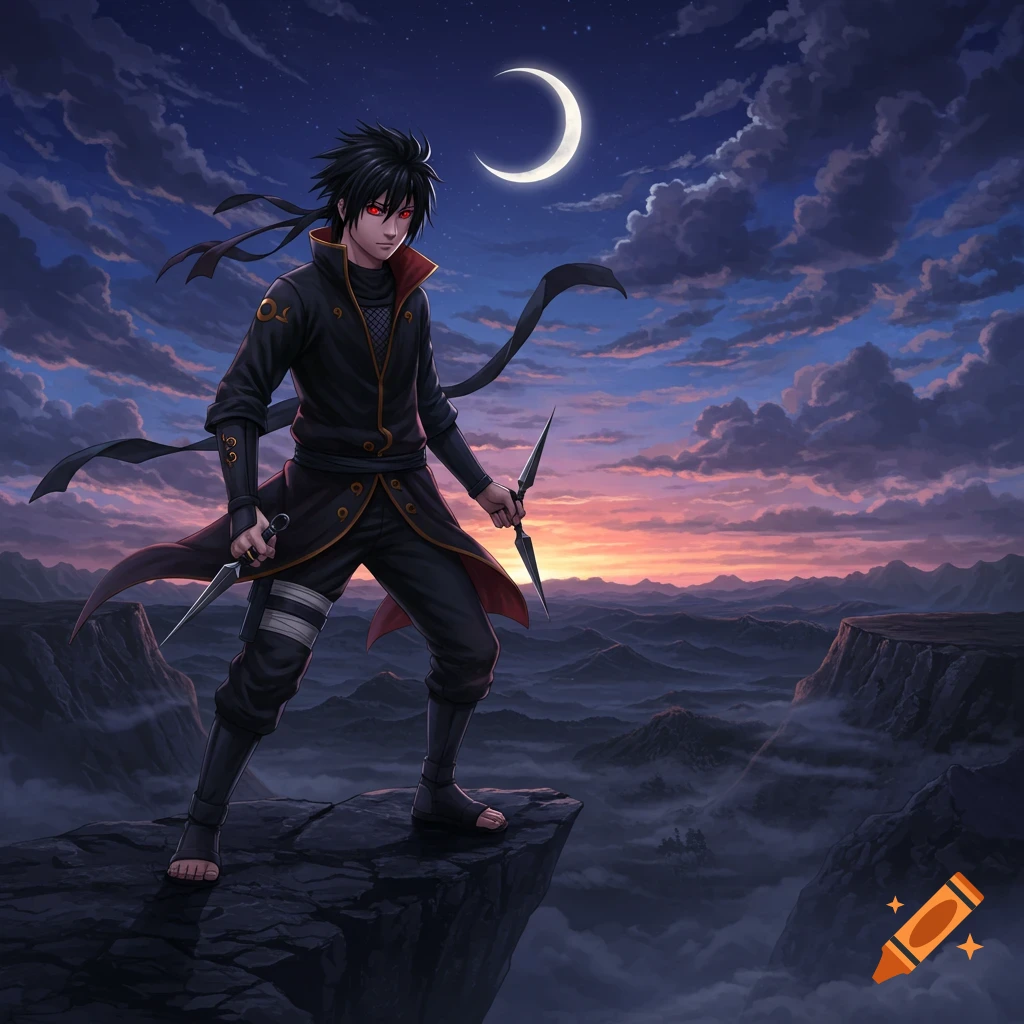 An anime-style ninja with black spiky hair and red eyes stands on a cliff, holding two knives. A crescent moon shines in the dramatic sunset sky over a misty mountain landscape.