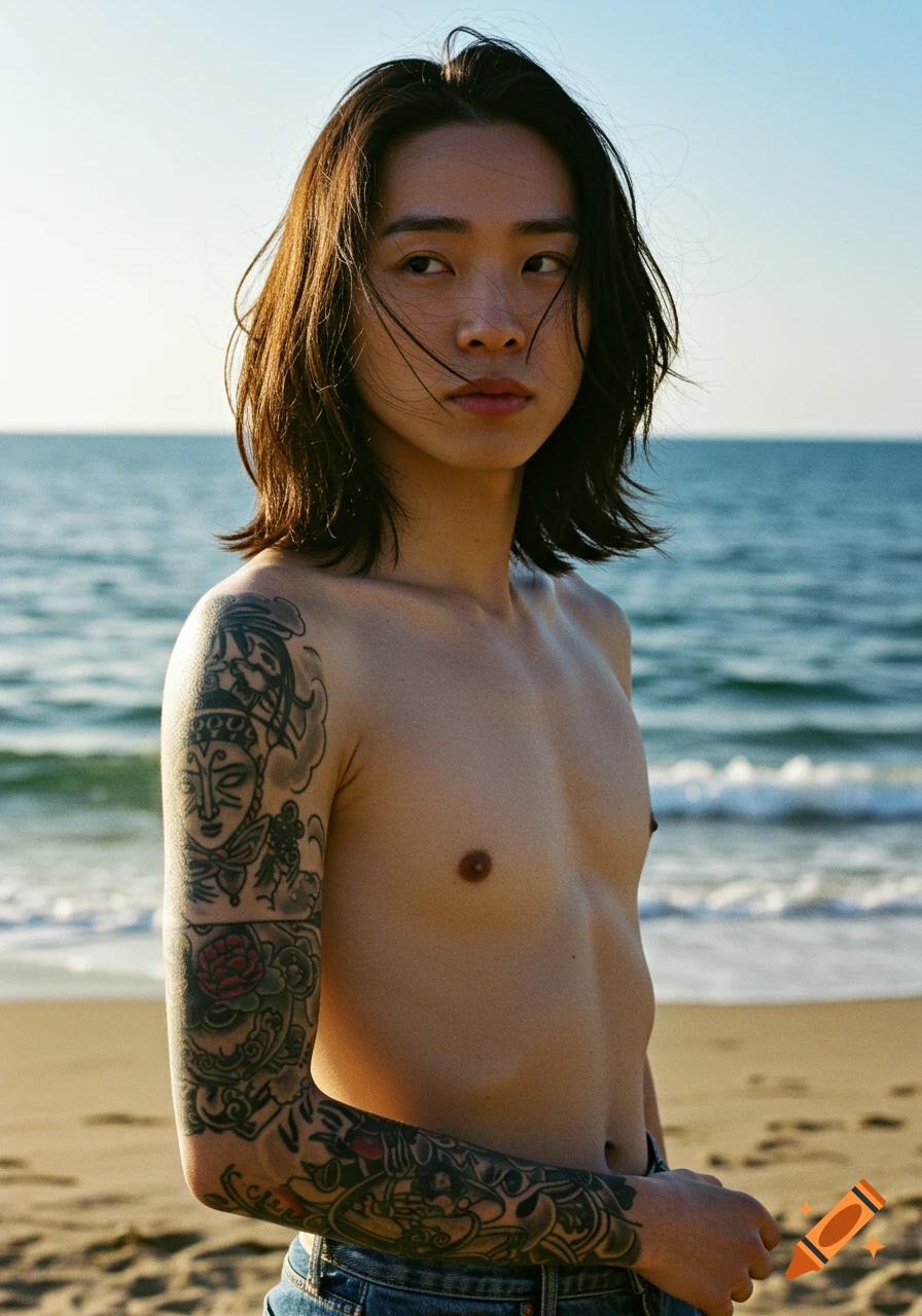 Photorealistic portrait of a shirtless person with long hair and detailed arm tattoos, standing on a sandy beach by the ocean.