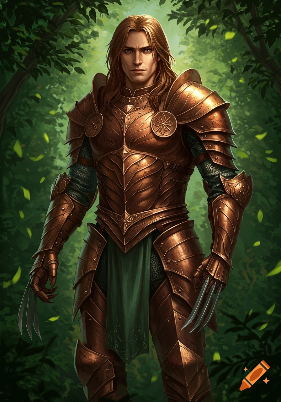 An intense male character with long brown hair and bronze armor, featuring wolverine-like claws, stands in a green forest.