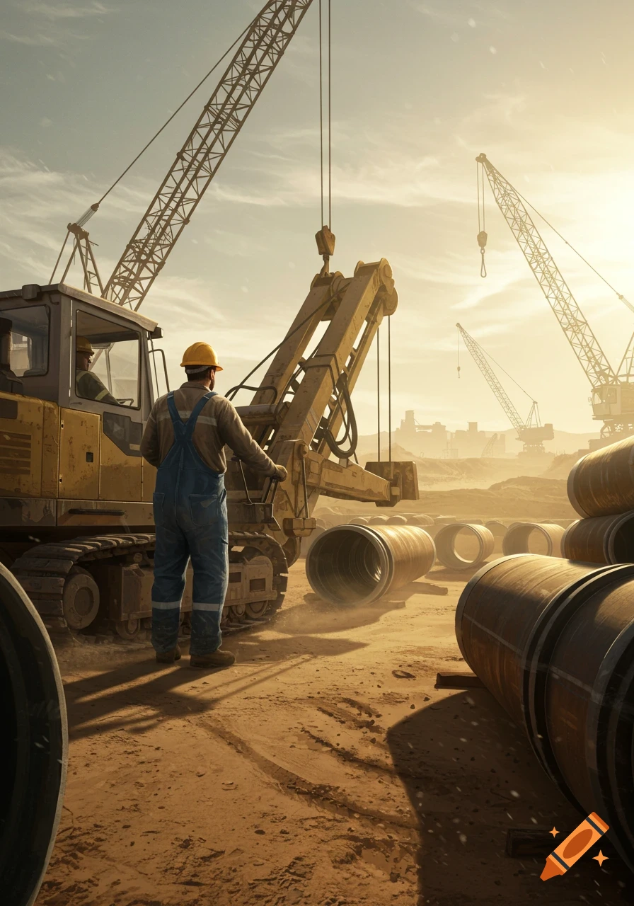A worker in a hard hat operates a pipe-laying machine on a dusty construction site with large pipes and cranes under a warm sky.