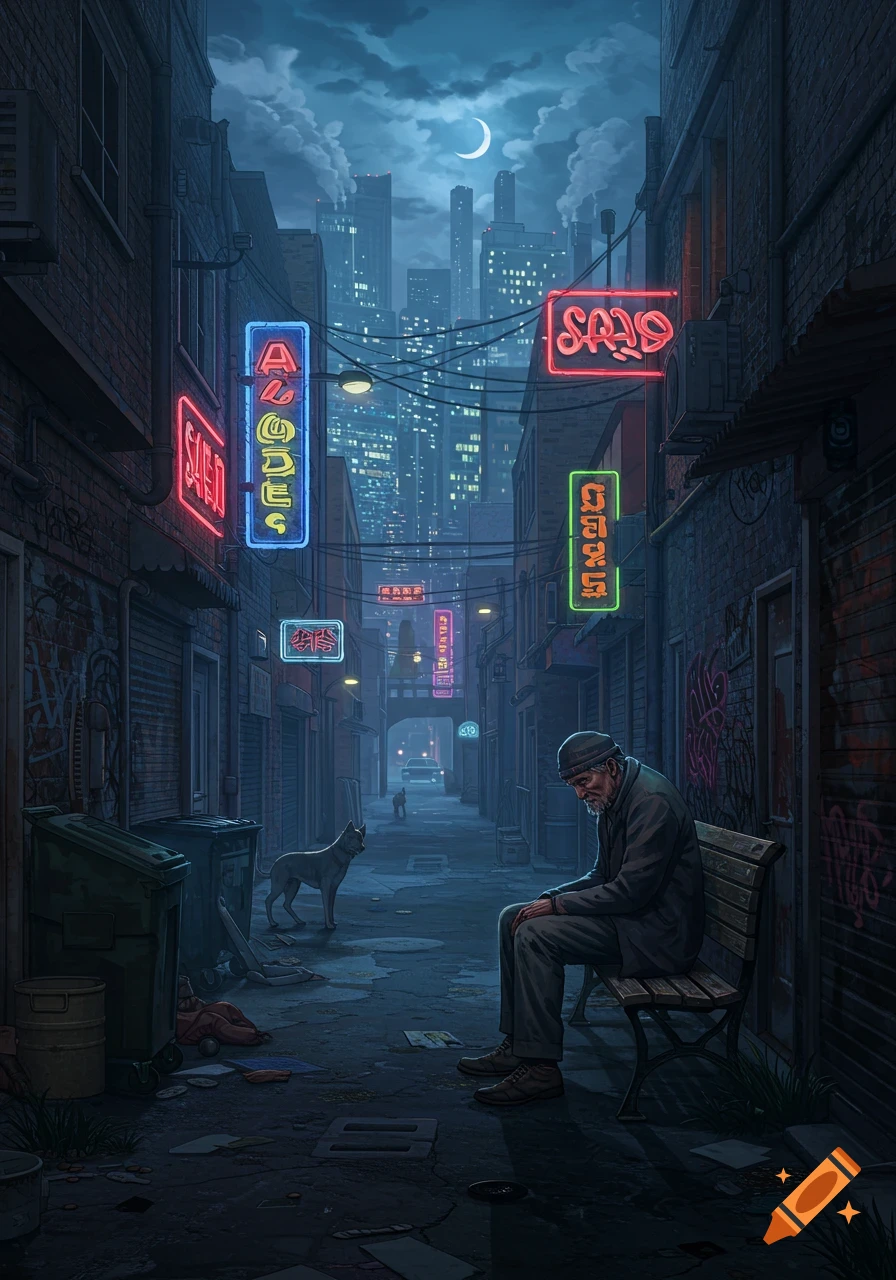 A desolate alleyway at night, illuminated by neon signs and a crescent moon. An old man sits alone on a bench, with a dog standing nearby.