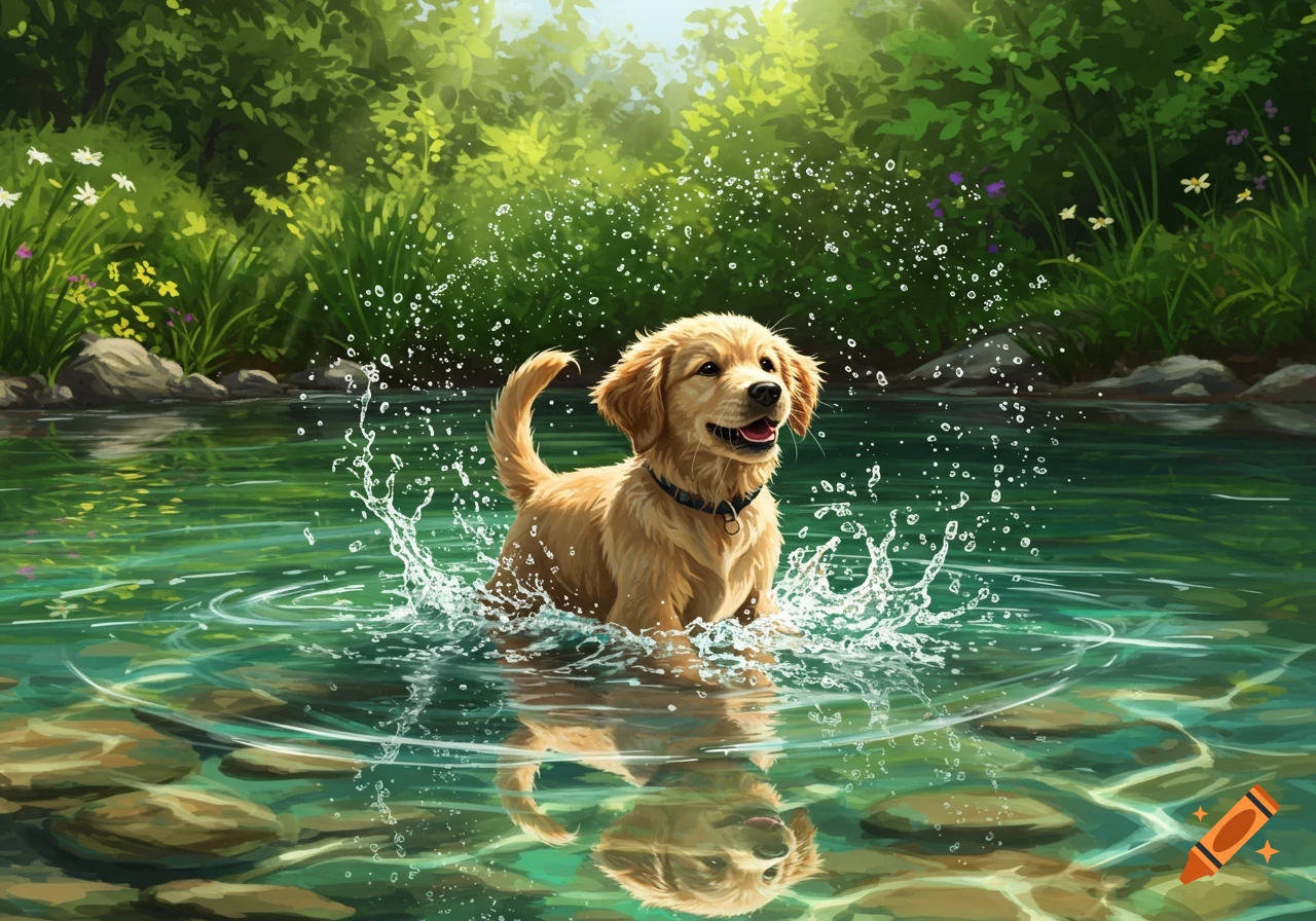 A happy golden retriever puppy splashes and plays in a clear green river surrounded by lush forest, in a vibrant painterly style.