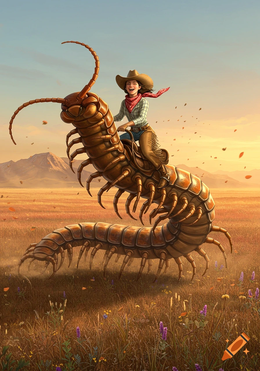 A happy cowgirl rides a giant brown centipede across a dry, grassy field with mountains in the background under a sunset sky.