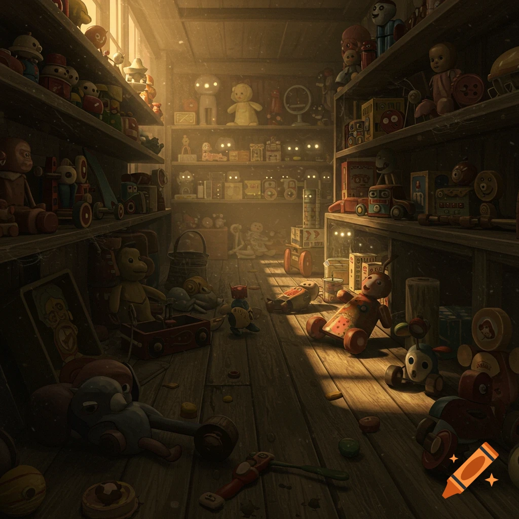 Dusty, dimly lit room filled with old toys on shelves and scattered on the wooden floor, some with faint glowing eyes, illuminated by sunlight.