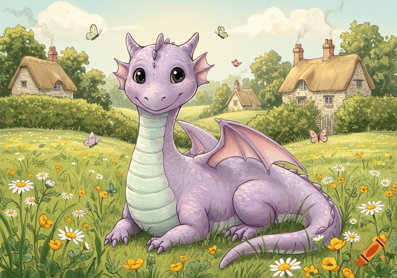 A friendly purple dragon sits in a field of wildflowers with butterflies and thatched-roof cottages in a children's illustration style.