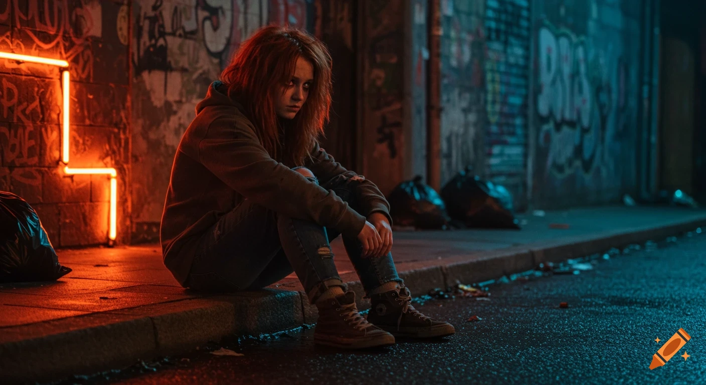 A young woman with messy red hair sits alone on a wet urban curb at night, with graffiti walls and neon light.
