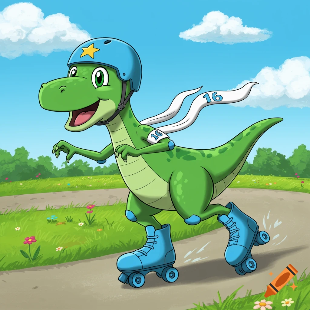 A friendly green cartoon dinosaur wearing a blue helmet with a star, elbow pads, knee pads, and roller skates, skating on a path outdoors.