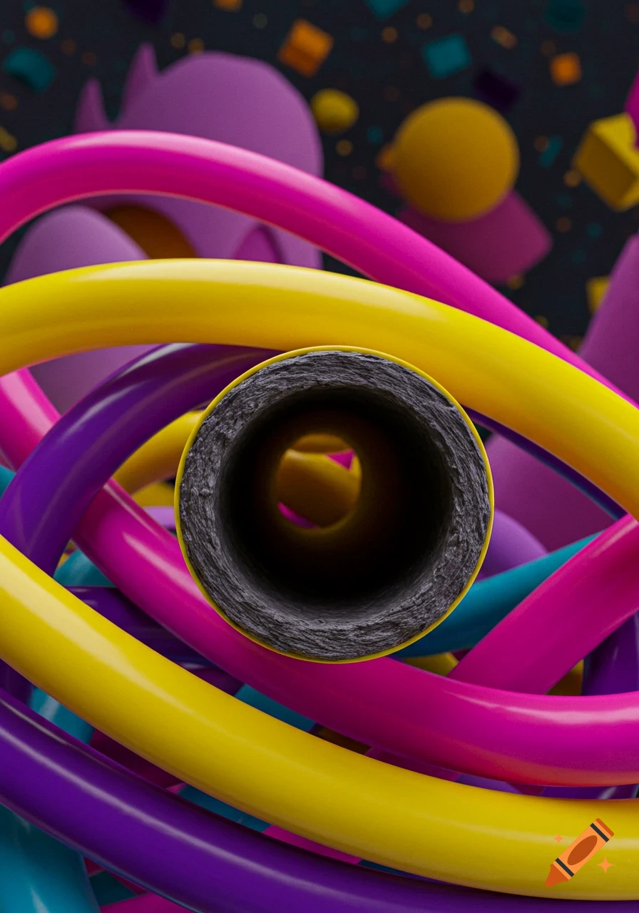 Close-up of a dark, rough tube opening surrounded by vibrant yellow, pink, and purple plastic tubes.
