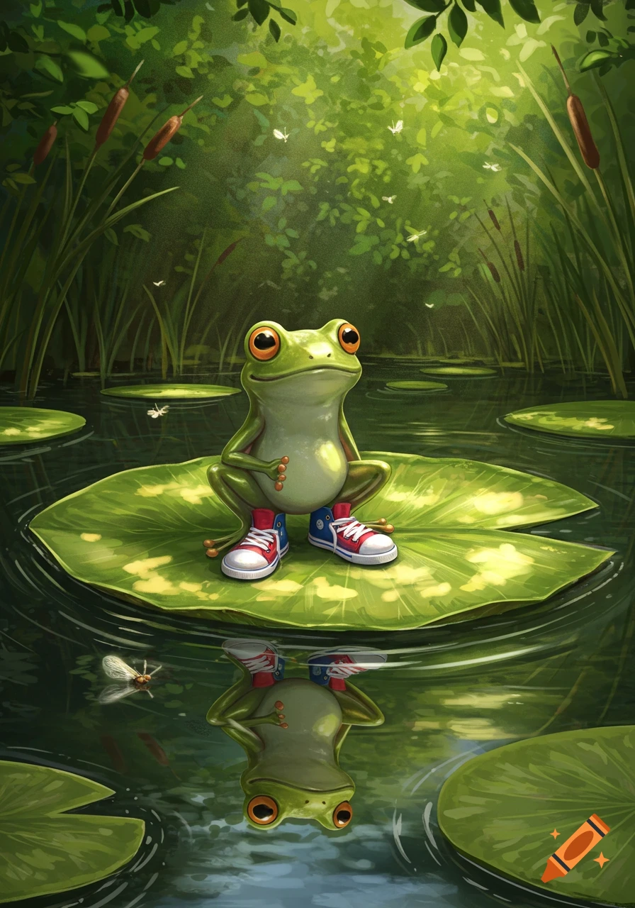 A cute frog wearing red and blue sneakers sits on a lily pad in a vibrant green pond with lush foliage.