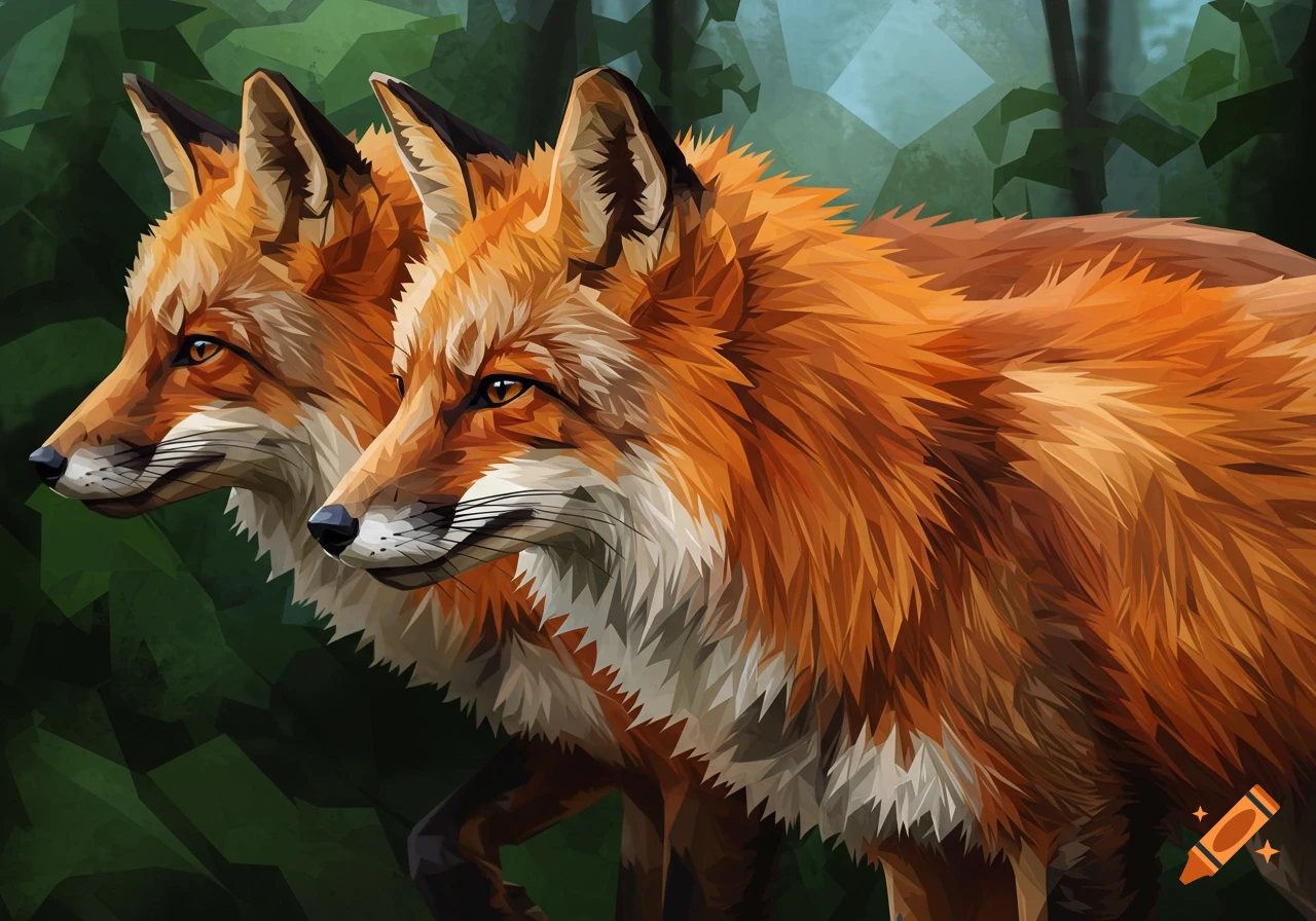 Two red foxes in a cubist art style, looking left in a green forest background.