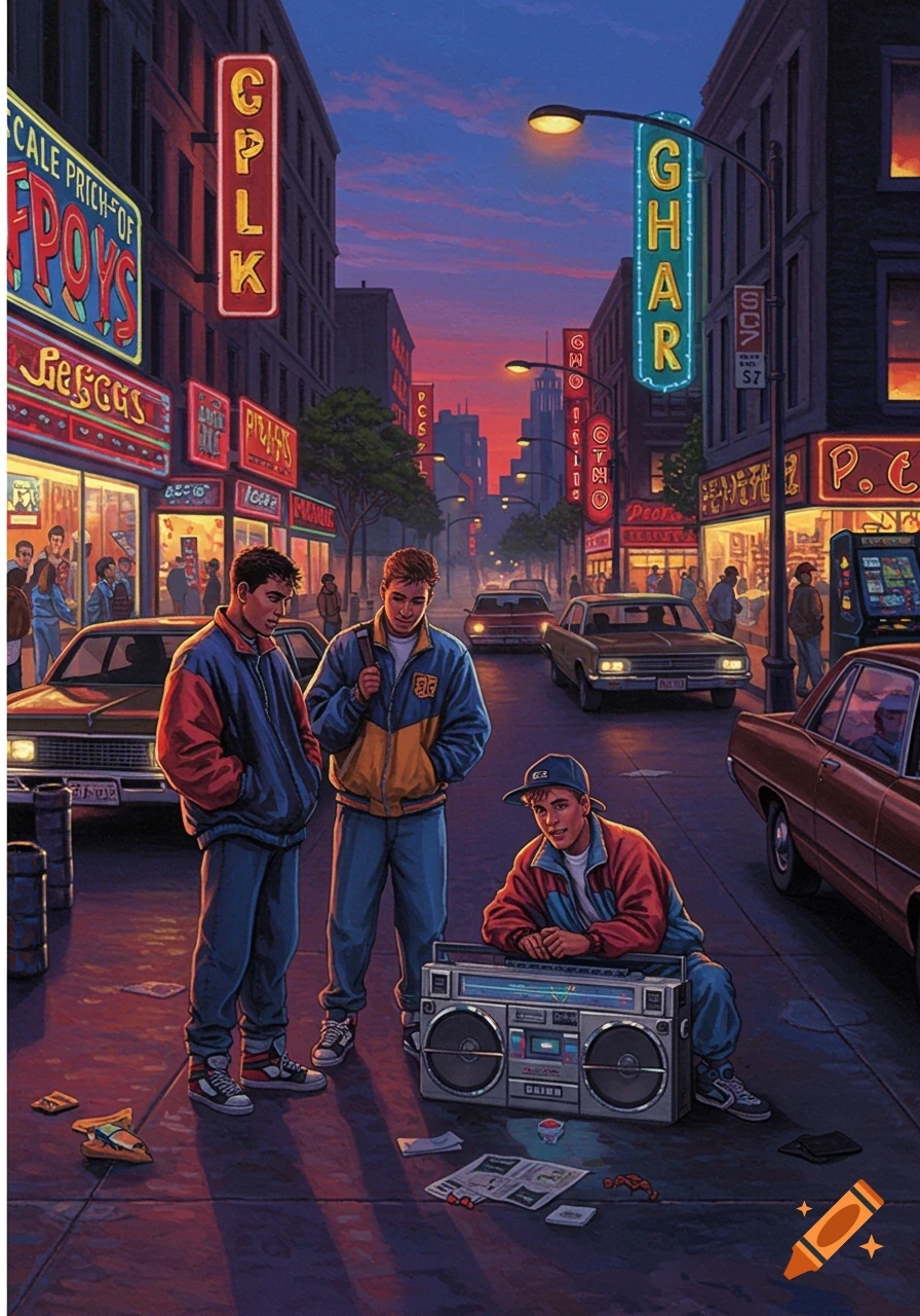 Three young men in 90s fashion with a boombox on a bustling city street at dusk, surrounded by neon signs.