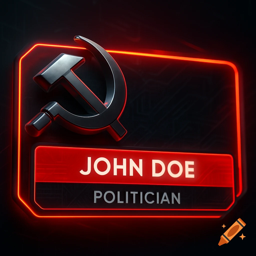 A red and black digital nameplate featuring a 3D hammer and sickle, neon borders, and the text "JOHN DOE POLITICIAN" in a futuristic style.