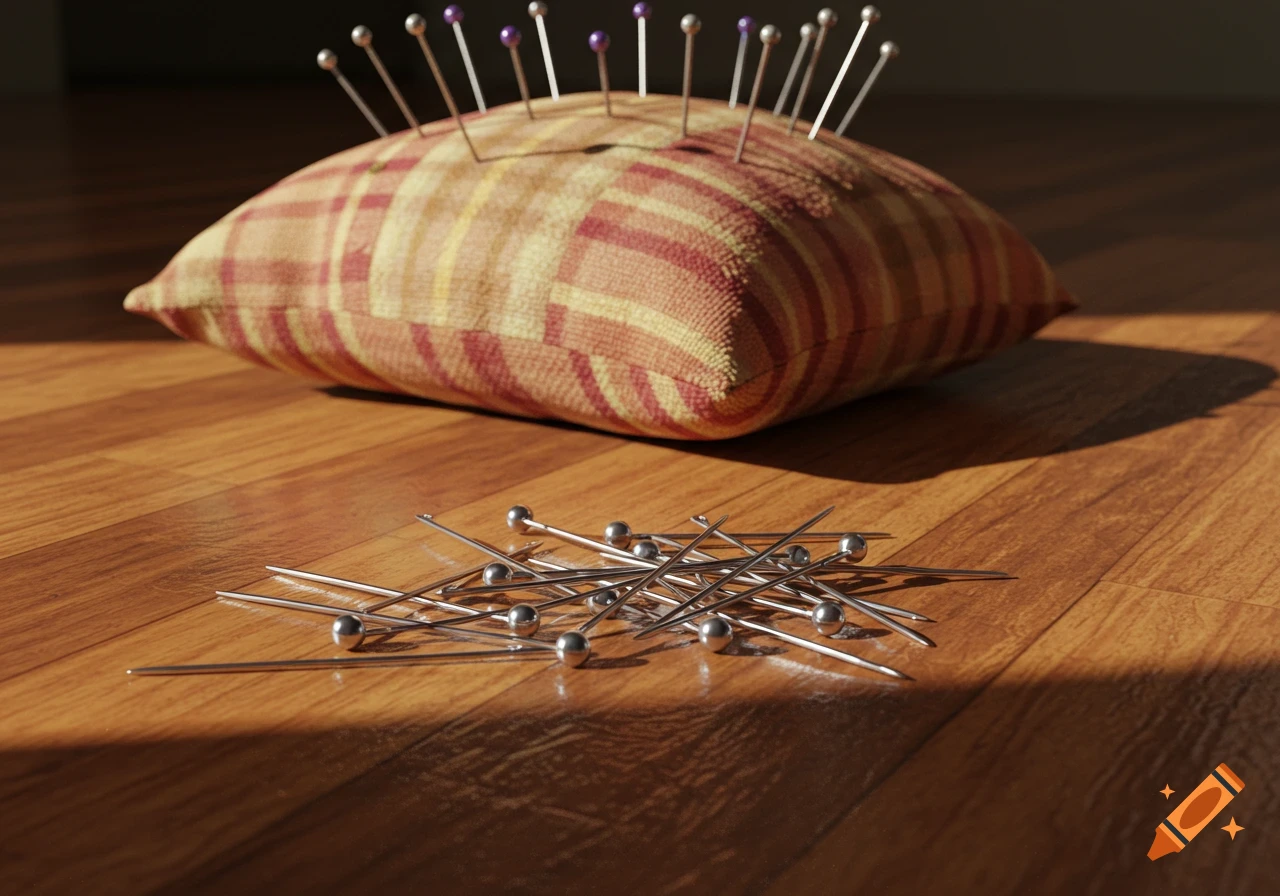 A pin cushion with pins stuck in it sits on a wooden floor, with a pile of loose pins scattered beside it.