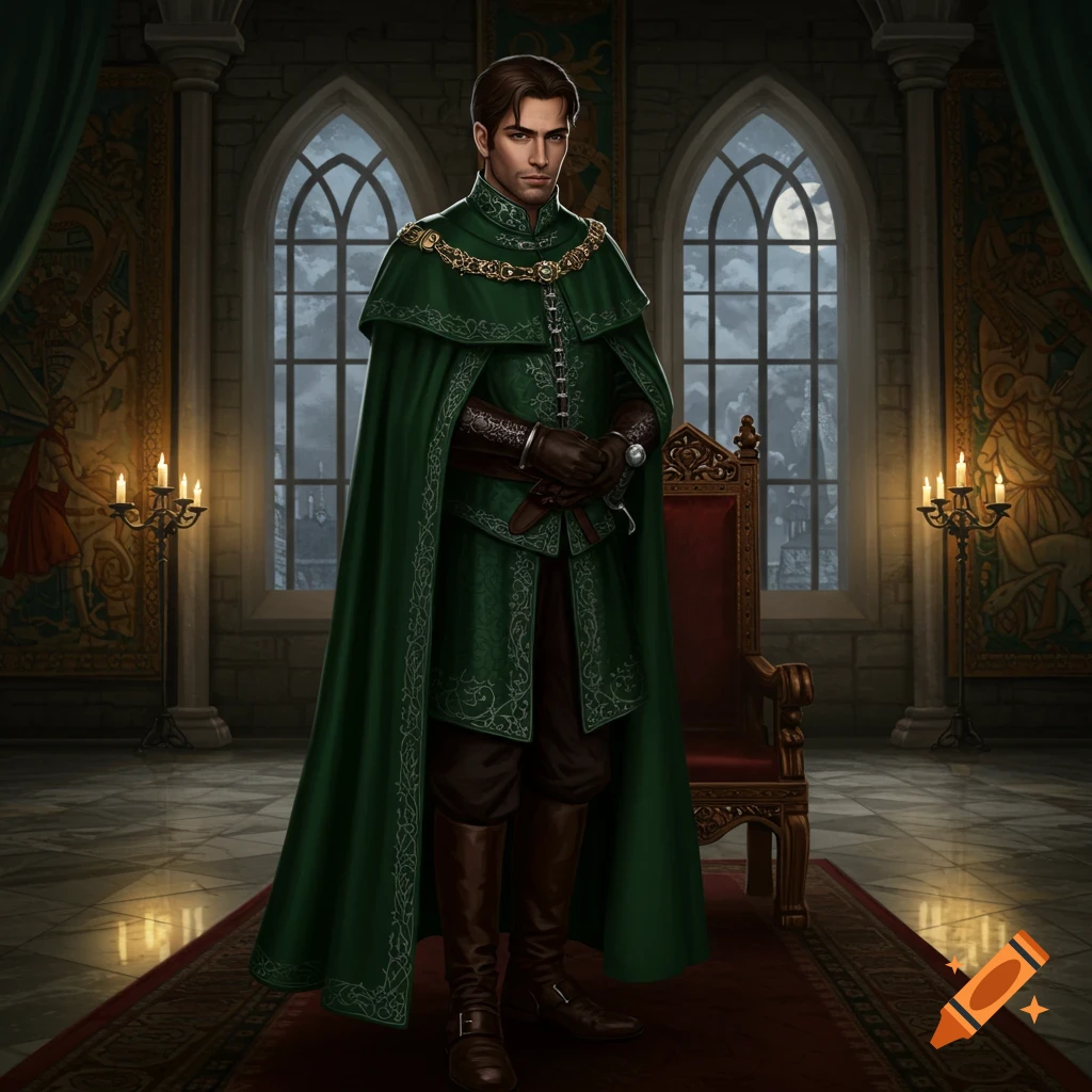 A man in a green cape and doublet stands in a grand castle room with arched windows.