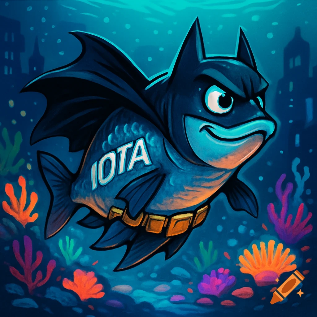 A cartoon fish dressed as Batman, with the word IOTA on its side, swims in a colorful underwater scene.