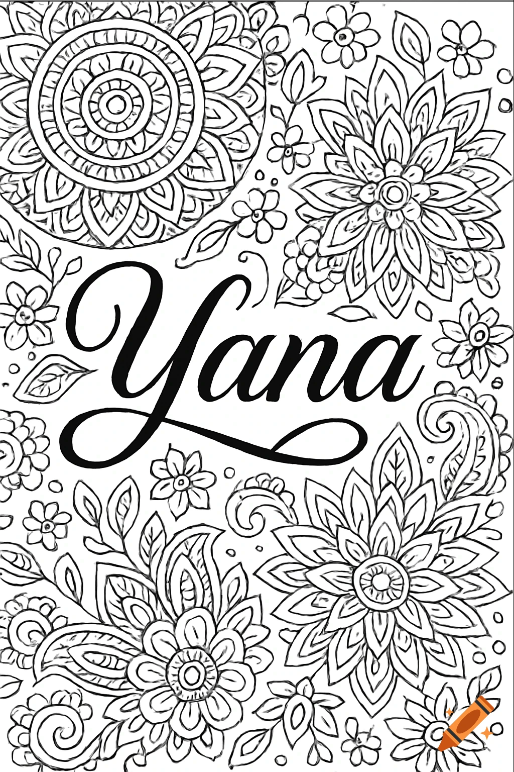 Black and white coloring page featuring the name Yana surrounded by intricate floral and mandala patterns.