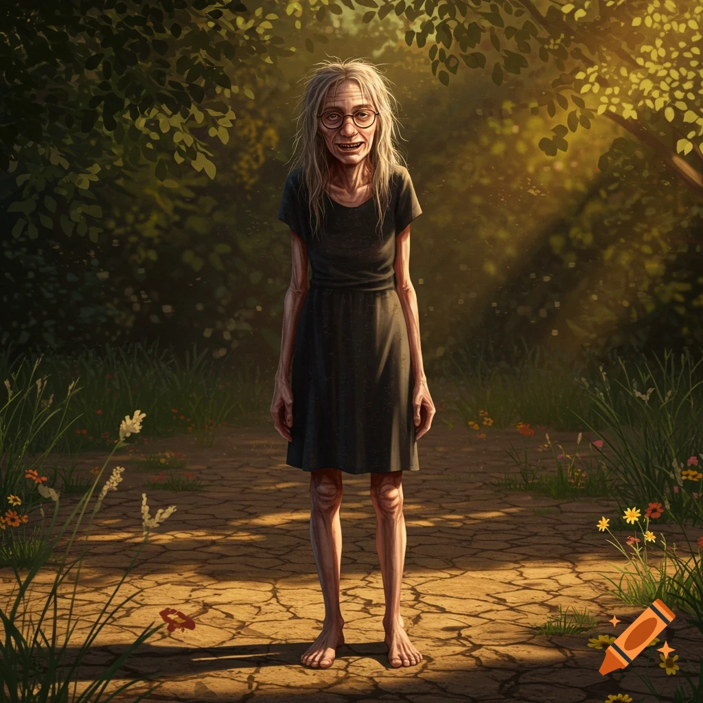 A barefoot, very thin, elderly woman with matted hair and glasses stands on a cracked dirt path in a sun-dappled forest.