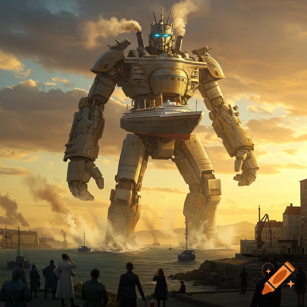 A massive robot, with a cruise ship as its torso, stands in the ocean as people watch from a shore at sunset.