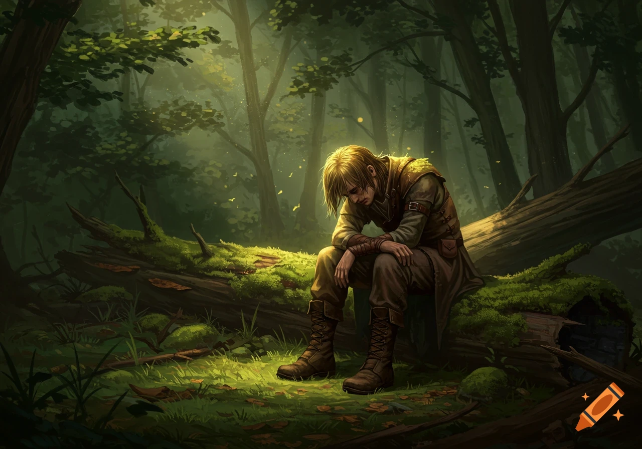A person with blonde hair sits sadly on a moss-covered log in a lush, sun-dappled forest.