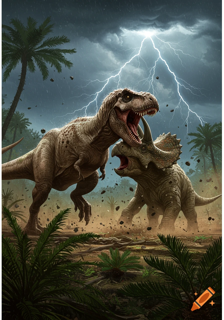 A Tyrannosaurus Rex and a Triceratops fight aggressively in a prehistoric jungle during a thunderstorm with lightning.