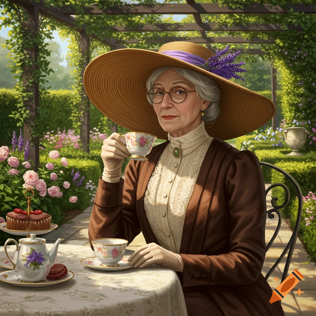 An elegant older woman in a wide-brimmed hat sips tea with a raised pinkie at a garden table with a teapot and cake.