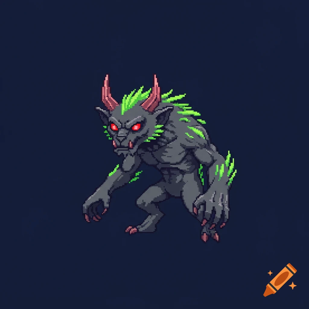 A dark gray pixel art creature with red eyes, pink horns, and bright green spikes along its back and arms, stands against a dark blue background.