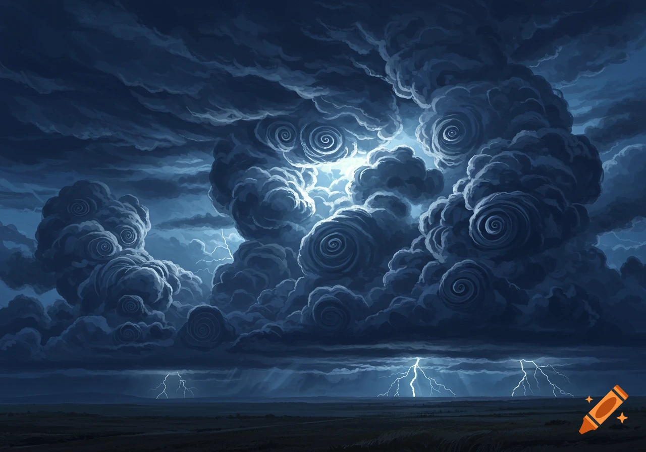 Dramatic dark storm clouds with swirling quilled patterns and bright lightning strikes over a dark landscape.