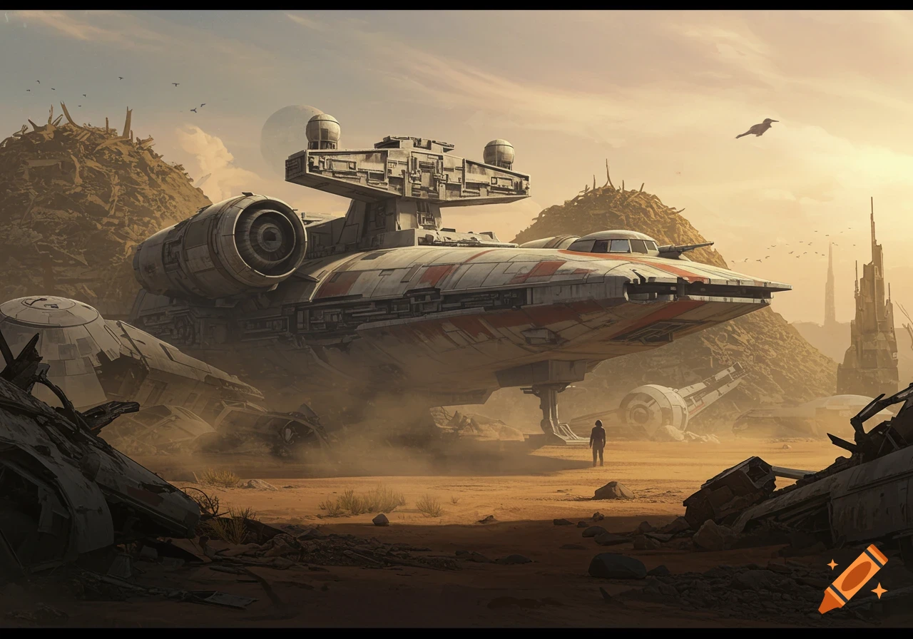 A large spaceship lands in a dusty, debris-filled desert junkyard under a hazy sky, with a lone figure standing near it.