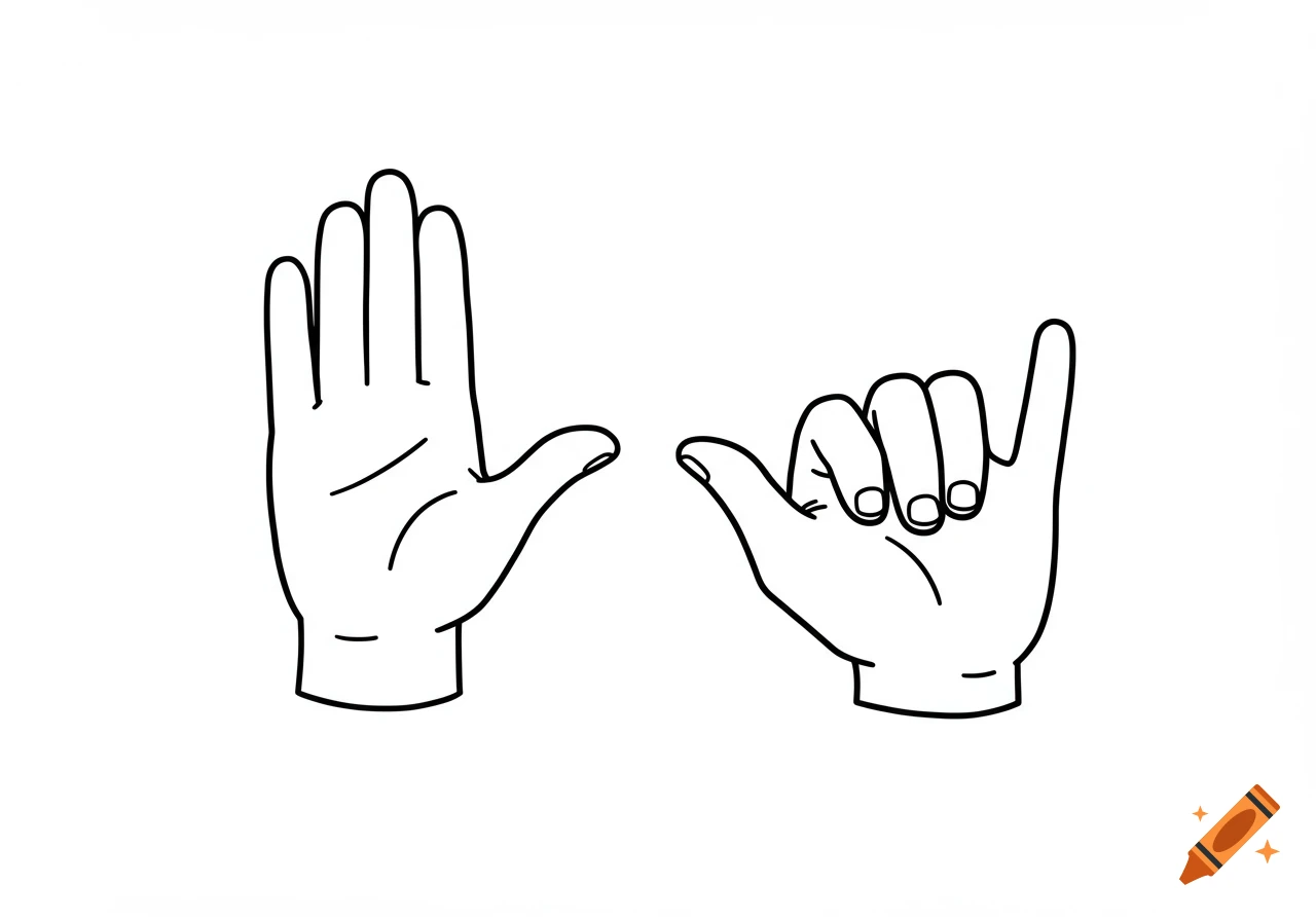 A simple black outline illustration of two hands on a white background. One hand is open with fingers extended upwards, the other is making a shaka or 'hang loose' gesture.