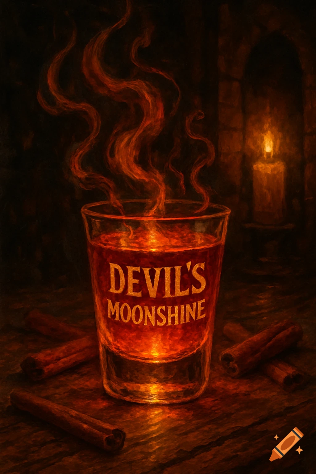 A dark still life painting of a glowing red drink labeled 'DEVIL'S MOONSHINE' with cinnamon sticks and a candle.