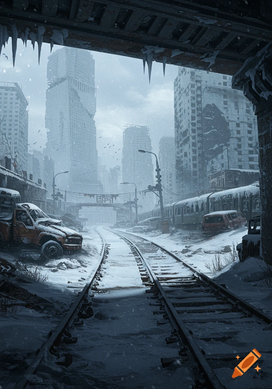A desolate, snow-covered ruined city with train tracks, abandoned cars, and crumbling buildings under a grey sky.
