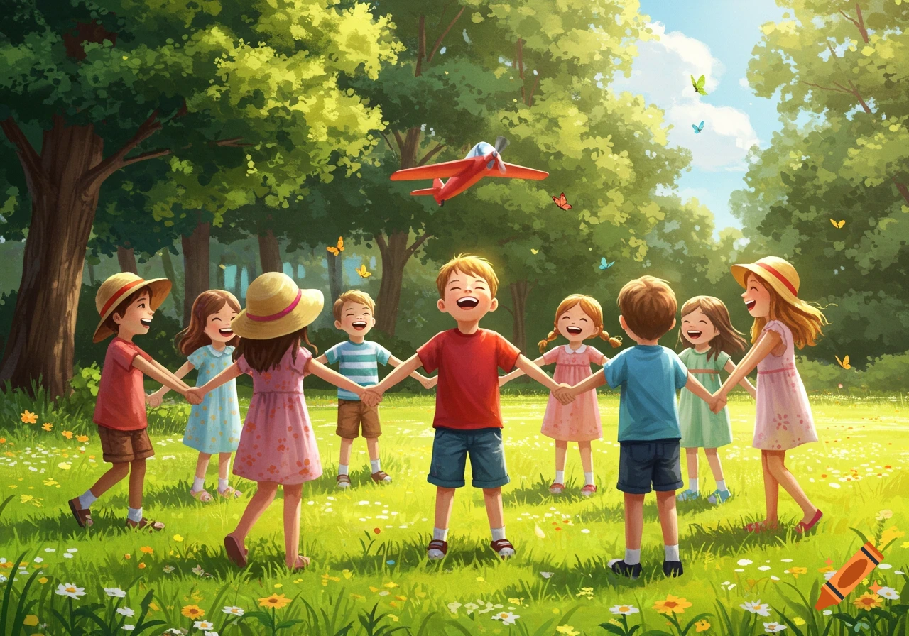 Illustrated scene of joyful children holding hands in a circle in a sunny park, with one boy in the middle pretending to be an airplane.