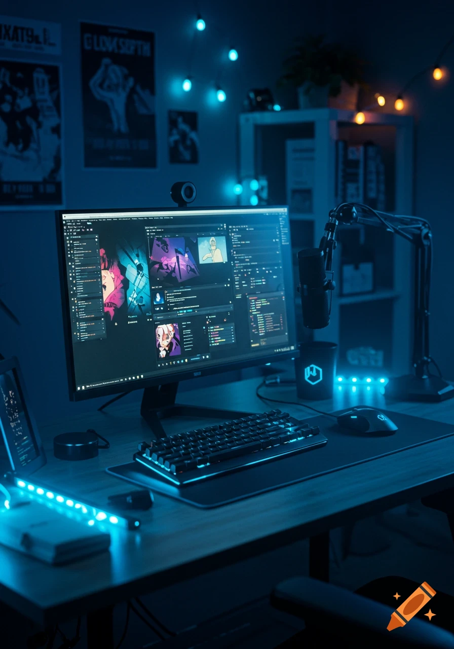 A dark room with a glowing blue-lit computer desk setup, featuring a monitor displaying streaming software, keyboard, mouse, and a microphone.