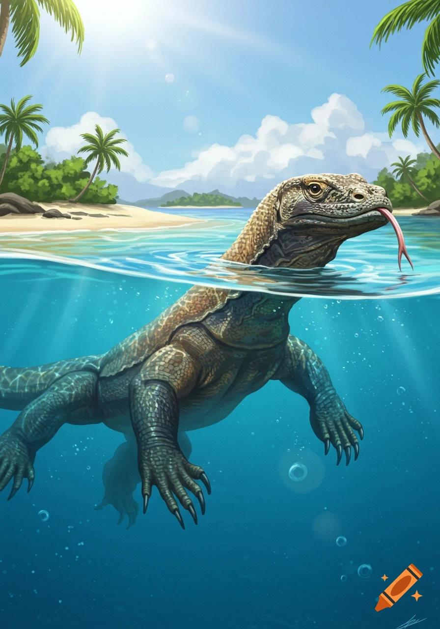 A Komodo dragon swims in clear blue ocean water with its head above the surface, its tongue flicking out, against a tropical beach with palm trees.