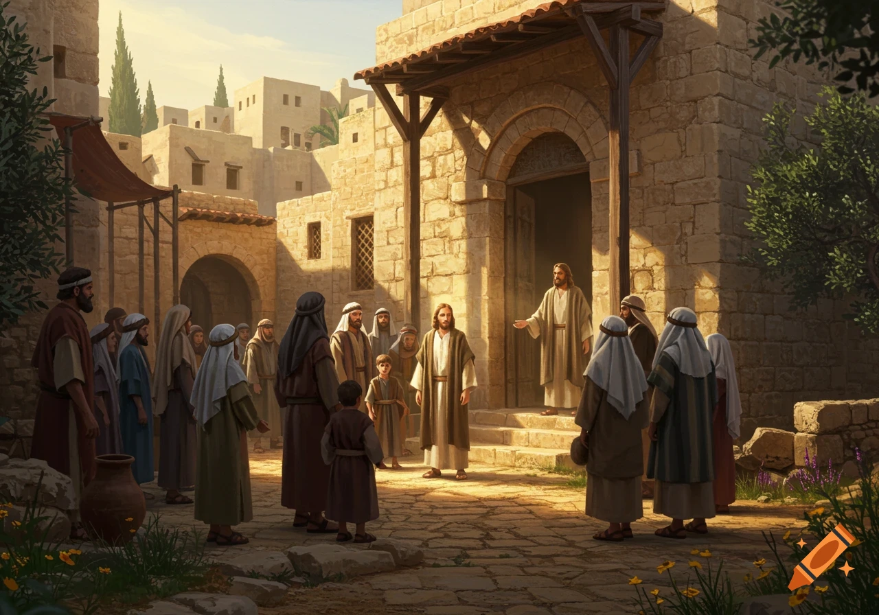 Jesus speaks to a crowd gathered outside a stone building in an ancient Middle Eastern town.