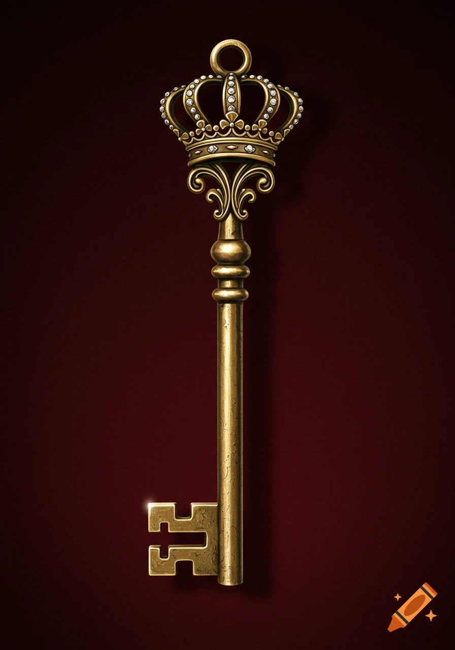 An ornate antique golden key with a queen's crown forming its head, adorned with diamonds, against a dark red background.