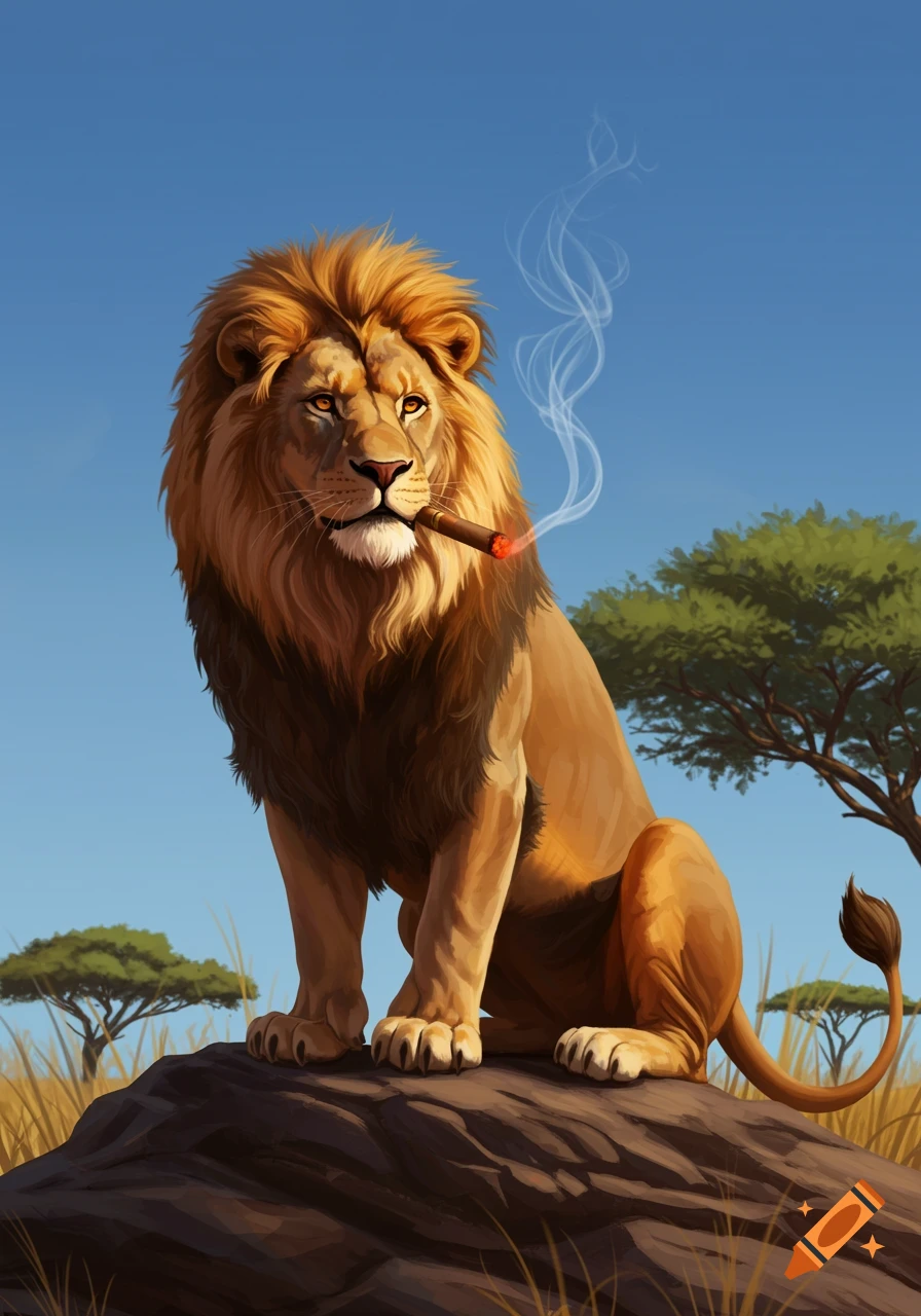 A majestic lion sits on a rock in a savanna, smoking a lit cigar, against a clear blue sky.