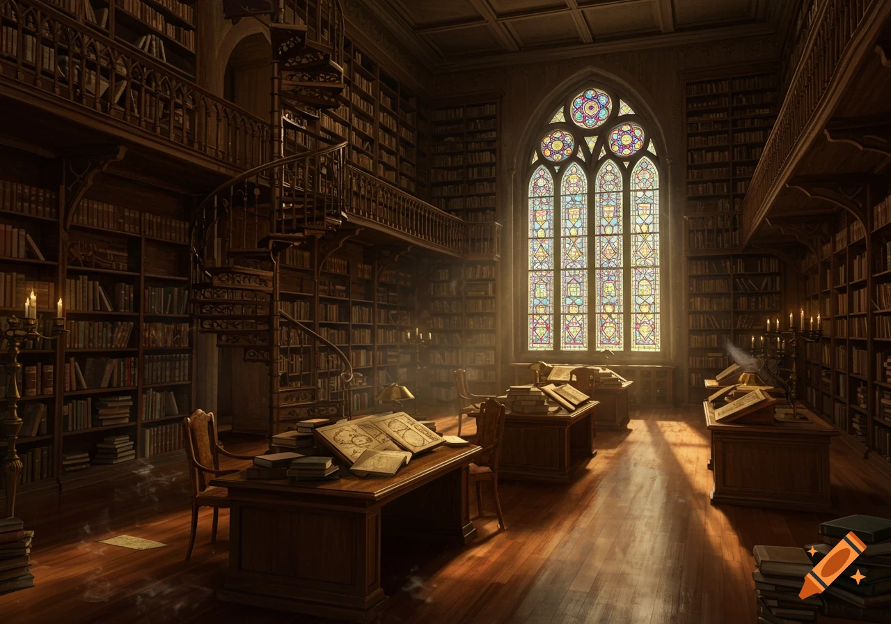 A grand, ornate library with towering bookshelves, a spiral staircase, and desks with open books, lit by a large stained glass window.