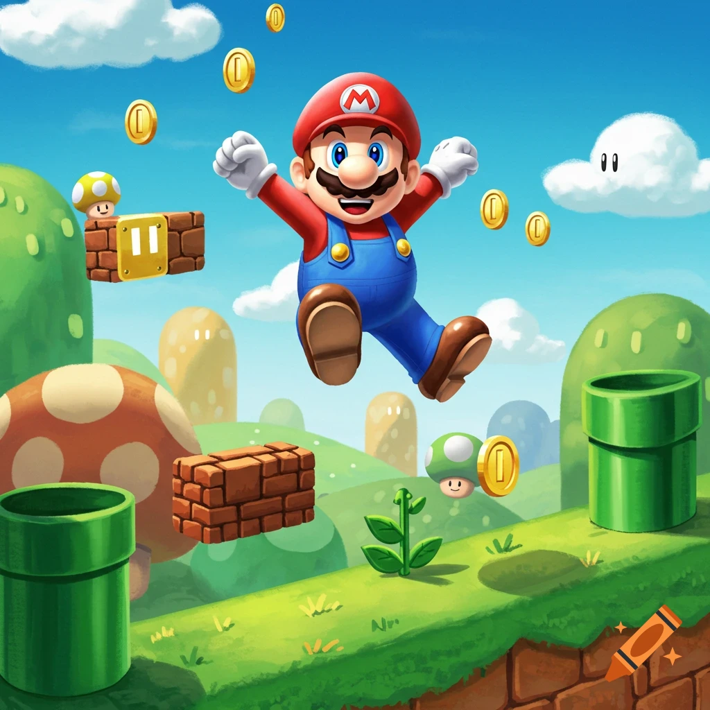 Super Mario jumping with coins and classic game elements like pipes, brick blocks, and mushrooms in a vibrant cartoon style.