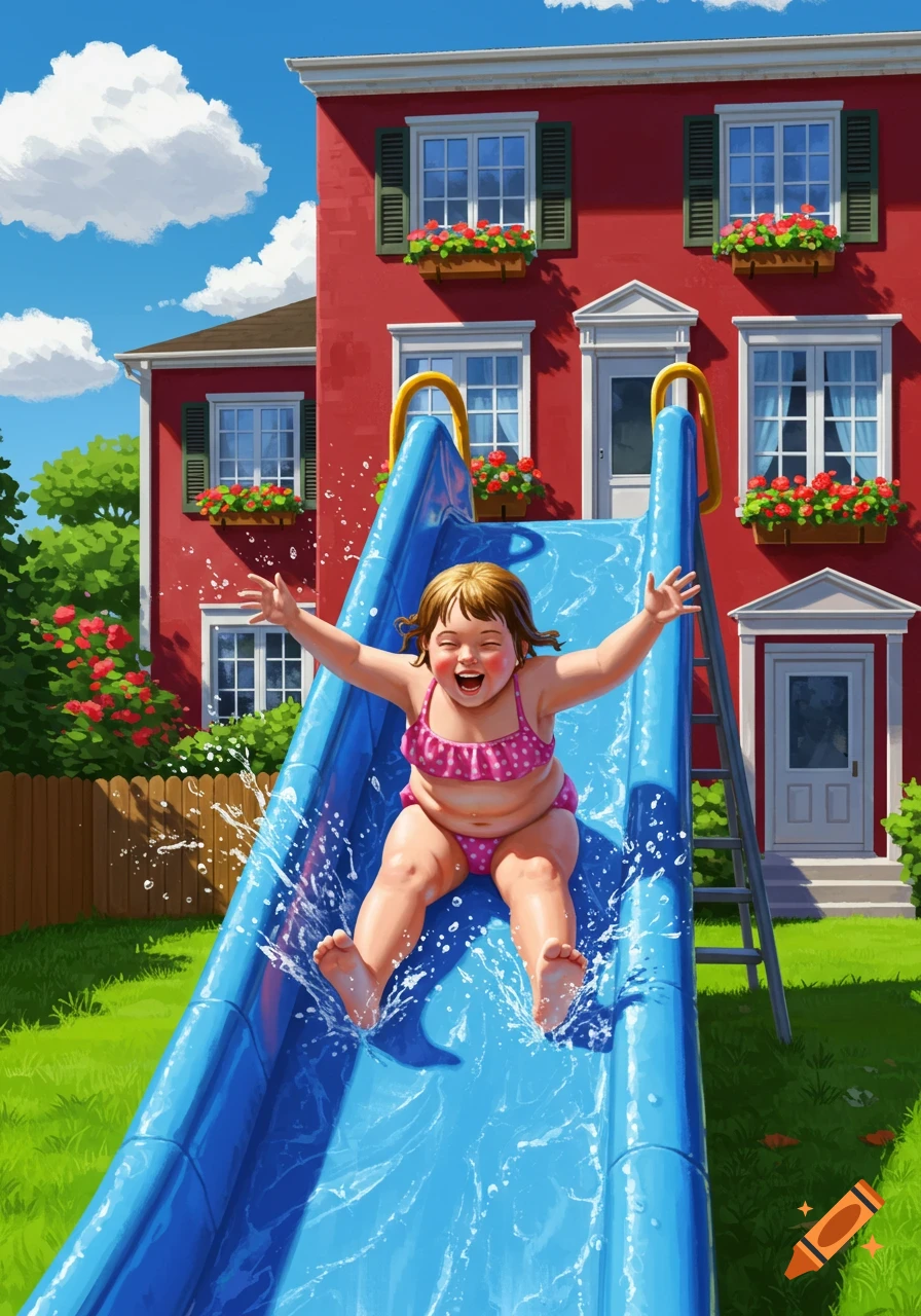 A happy child in a pink polka dot swimsuit goes down a blue water slide in a backyard in front of a red house.
