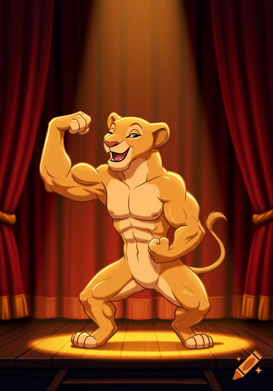 Nala from The Lion King, a muscular anthropomorphic lioness, flexes her bicep on a stage with red curtains in 2D Disney animation style.