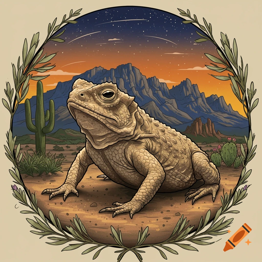 A stylized illustration of a horny toad in a desert landscape with mountains and a starry sky, framed by branches.