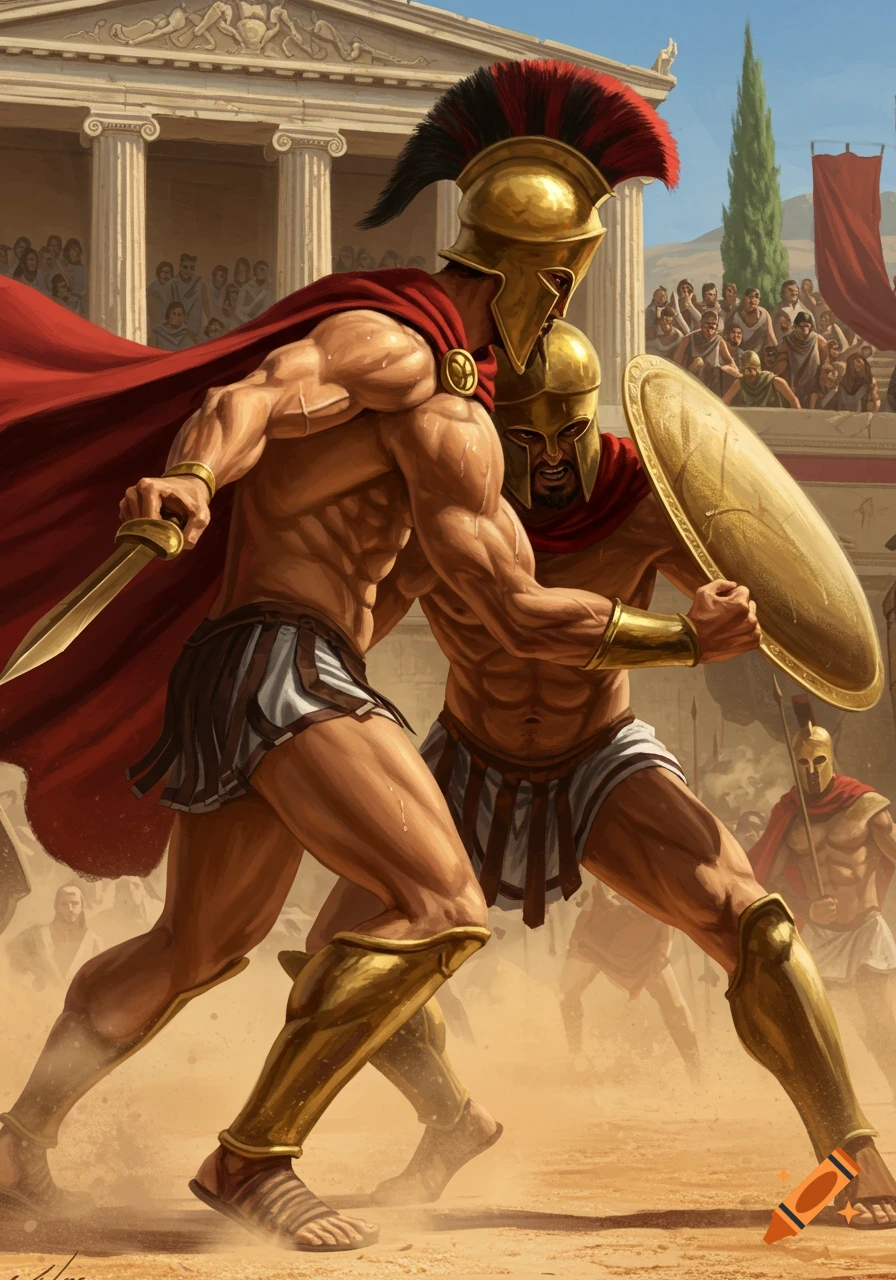 Two muscular Spartan warriors fighting with sword and shield in a sandy arena with a crowd and classical architecture.
