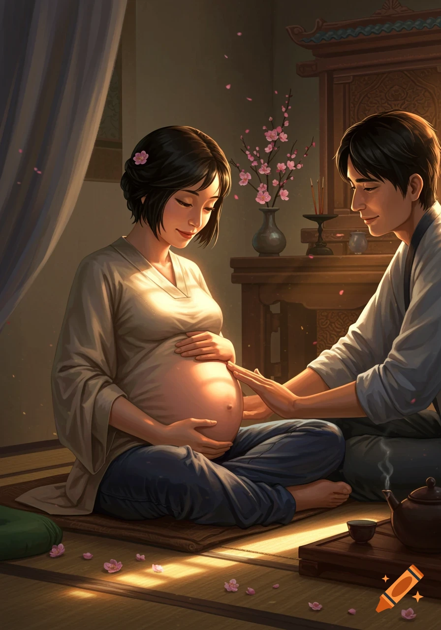 A man gently touches a pregnant woman's belly as they sit on a mat in a room with a traditional shrine and cherry blossoms.