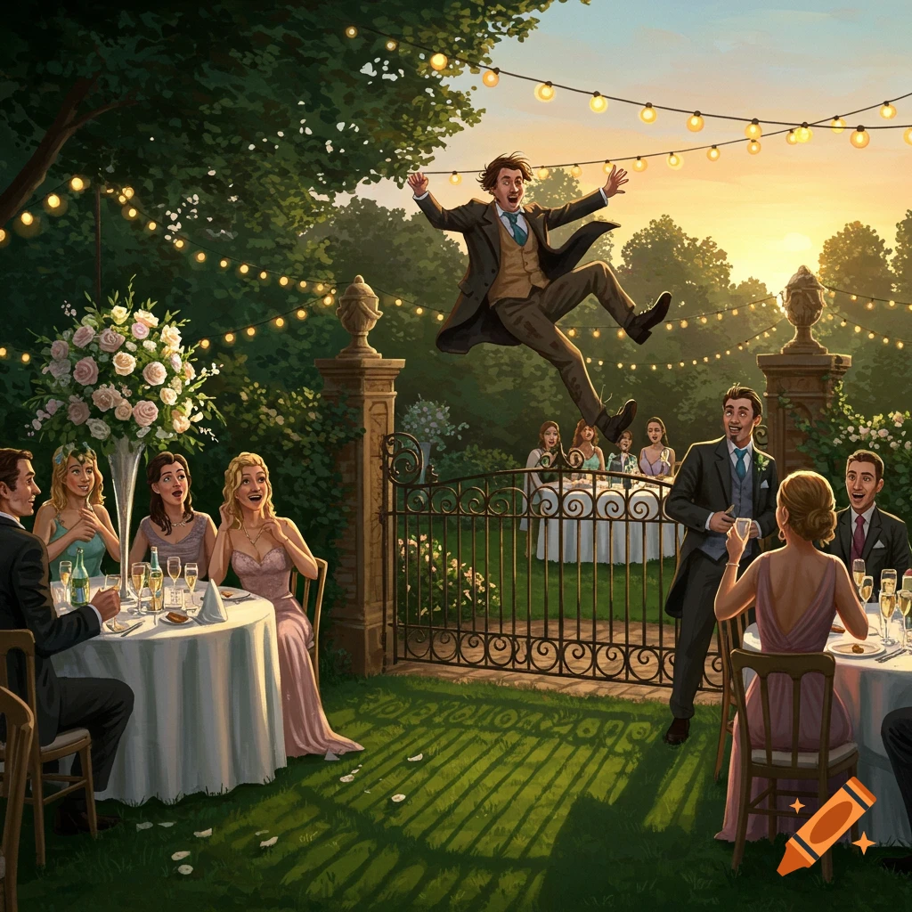 A man in a suit jumps excitedly in the air at an outdoor wedding reception, with guests seated at tables watching him at sunset.