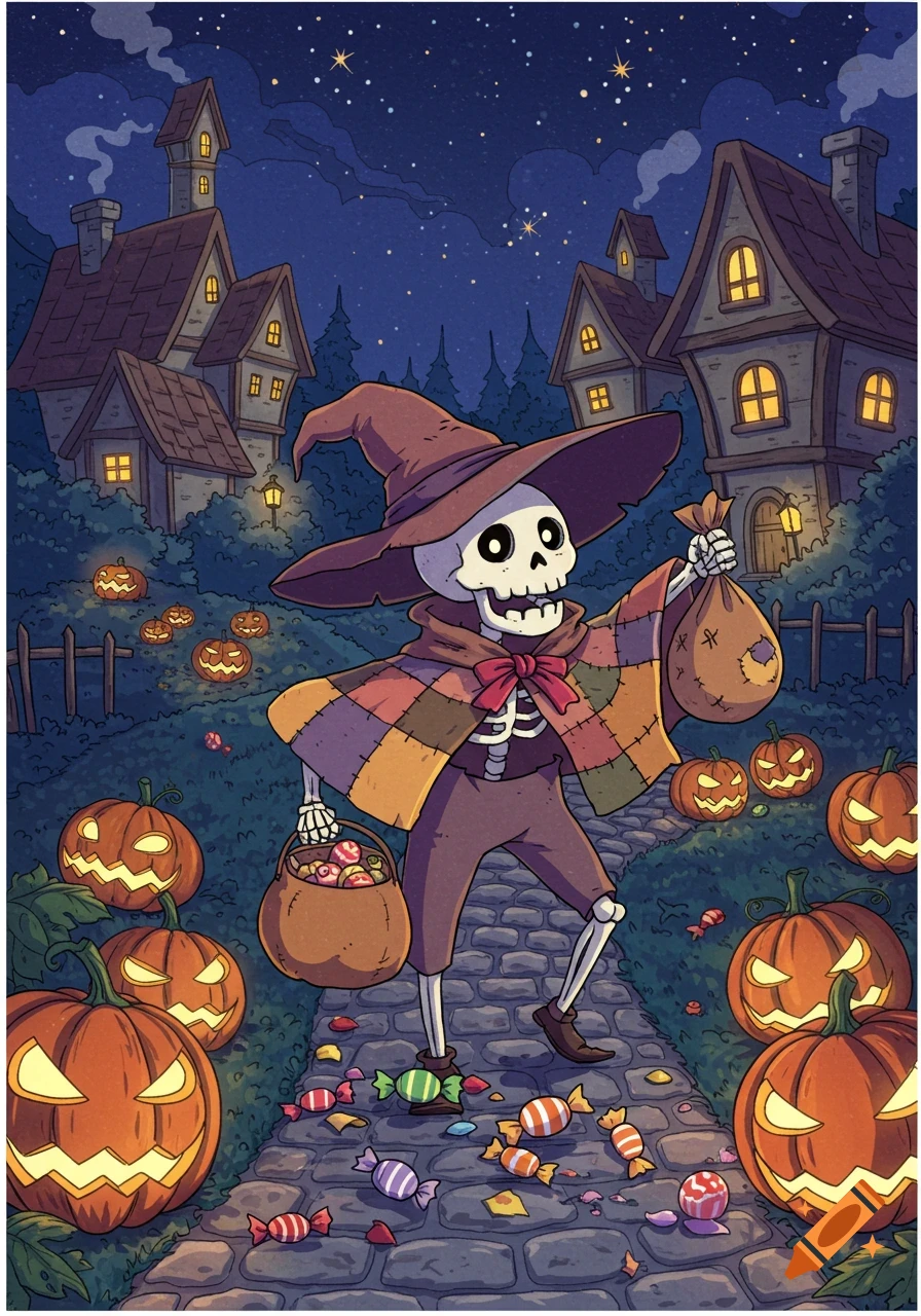 A cartoon skeleton in a witch hat and patchwork cloak trick-or-treating at night, surrounded by jack-o'-lanterns and scattered candy.