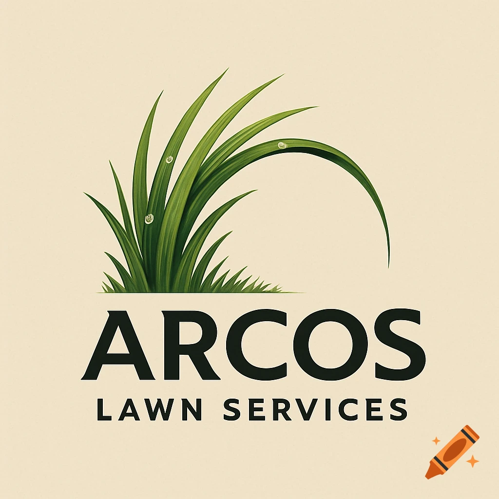 A logo for 'Arcos Lawn Services' featuring green grass with water droplets on a light beige background.