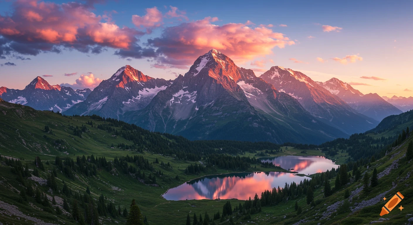 A serene mountain landscape at sunset with vibrant pink clouds reflecting in a clear lake surrounded by green valleys.